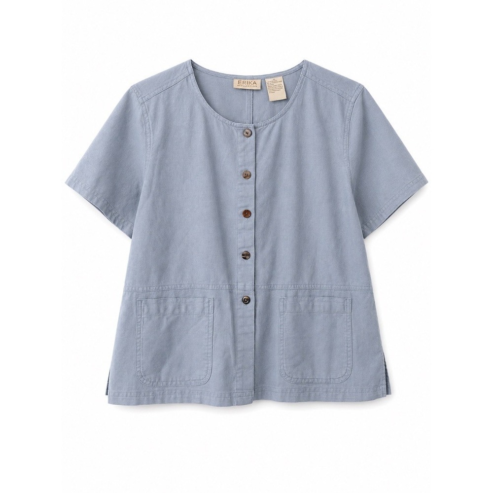 Erika Collection Womens Linen Cotton Blouse Top Light Blue Button Front M